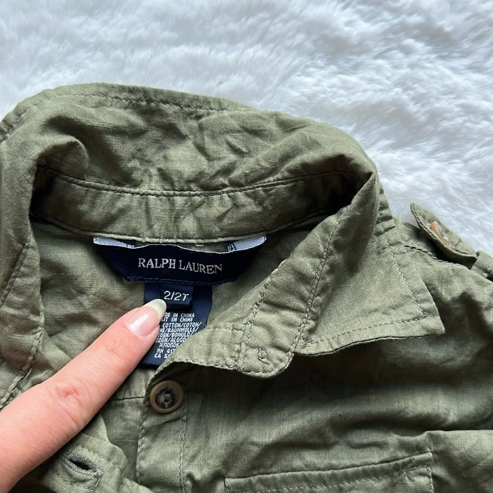 Ralph Lauren Baby Girl Peplum Utility Style Button Up Shirt/Dress Olive size 2T
